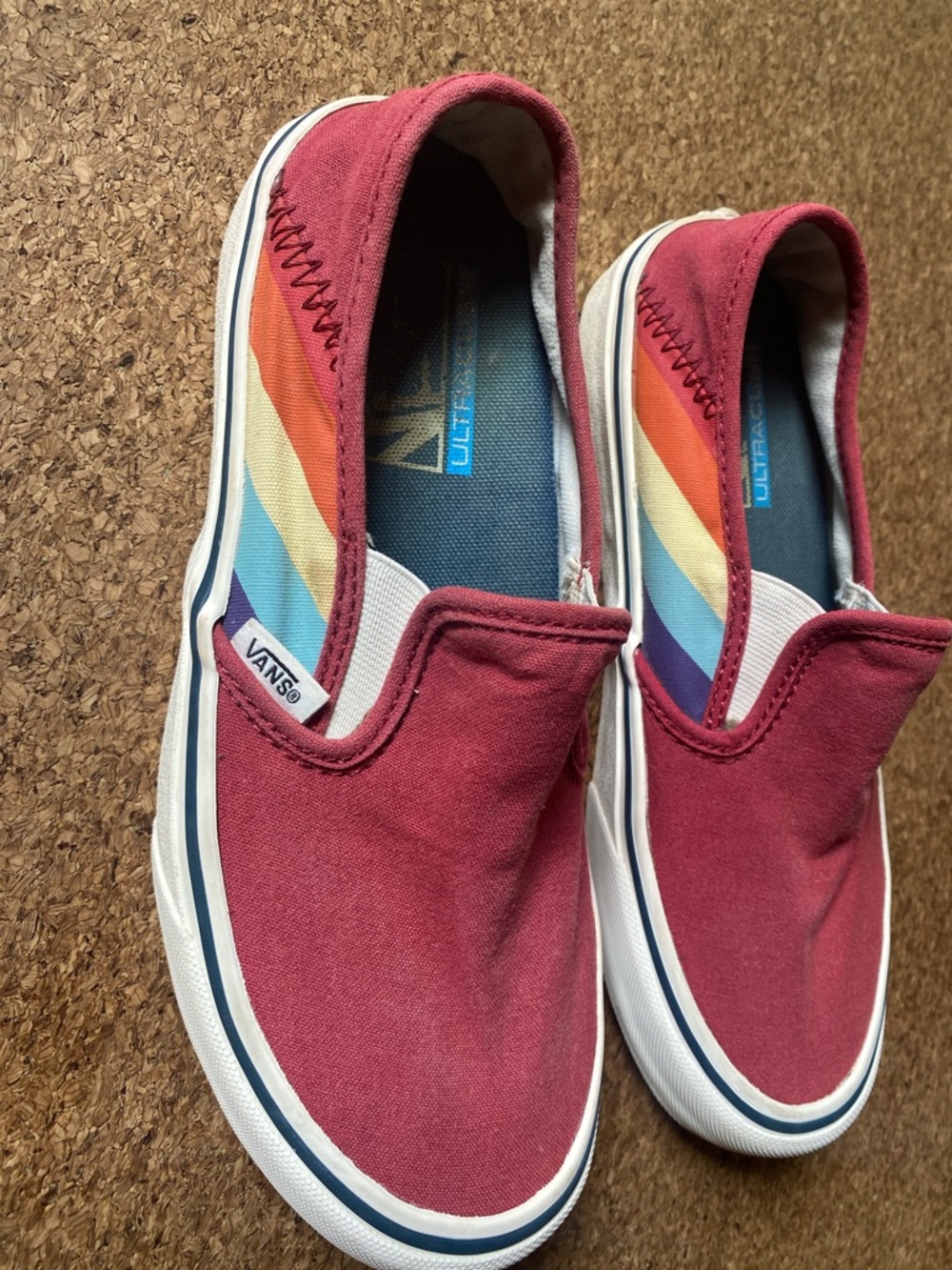 Vans Rad Rainbow Slip-On Canvas Sneakers in Burgundy with Rainbow Stripe